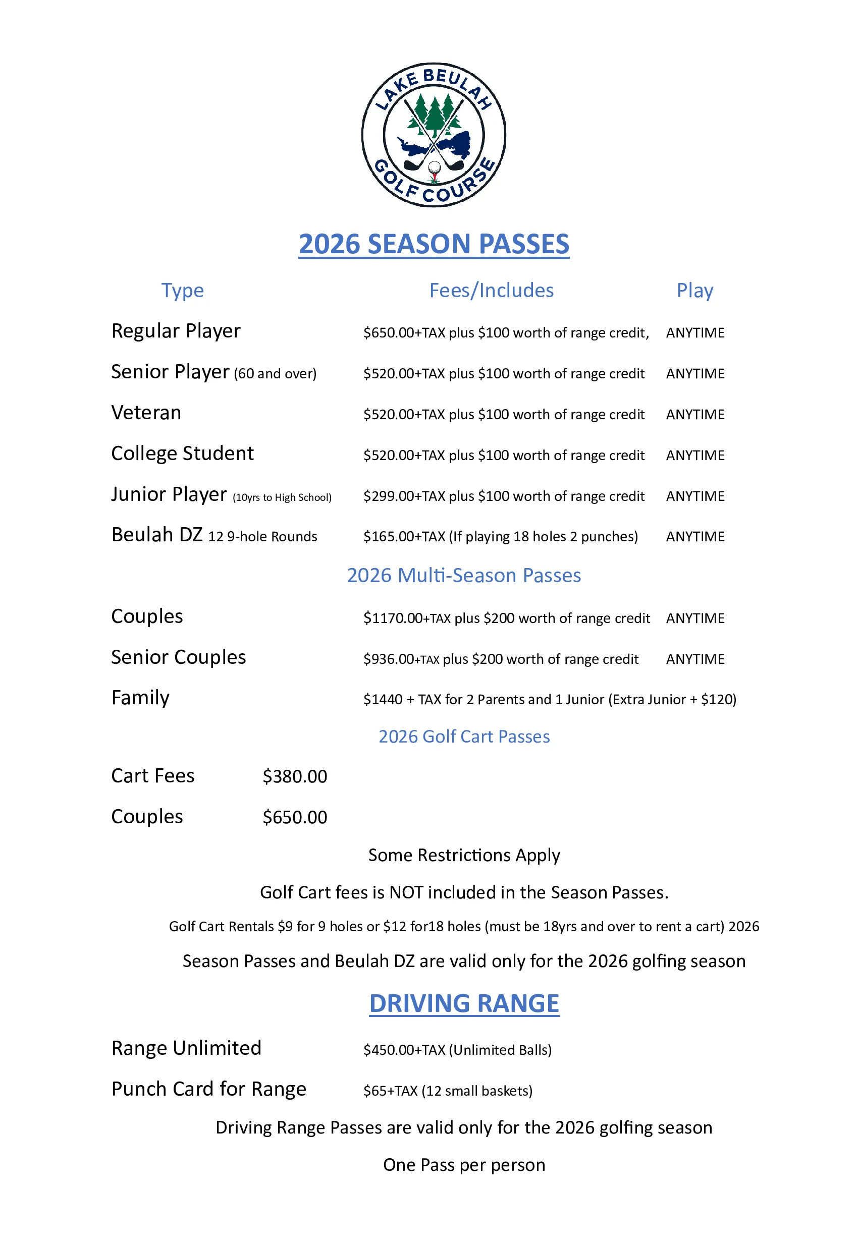 seasons pass for Lake Beulah Golf Course in Mukwonago, WI