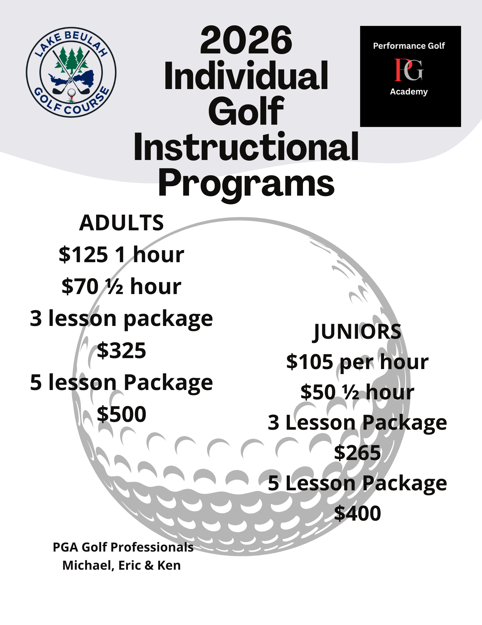 individual golf instructional programs — Lake Beulah Golf Course, Mukwonago, WI